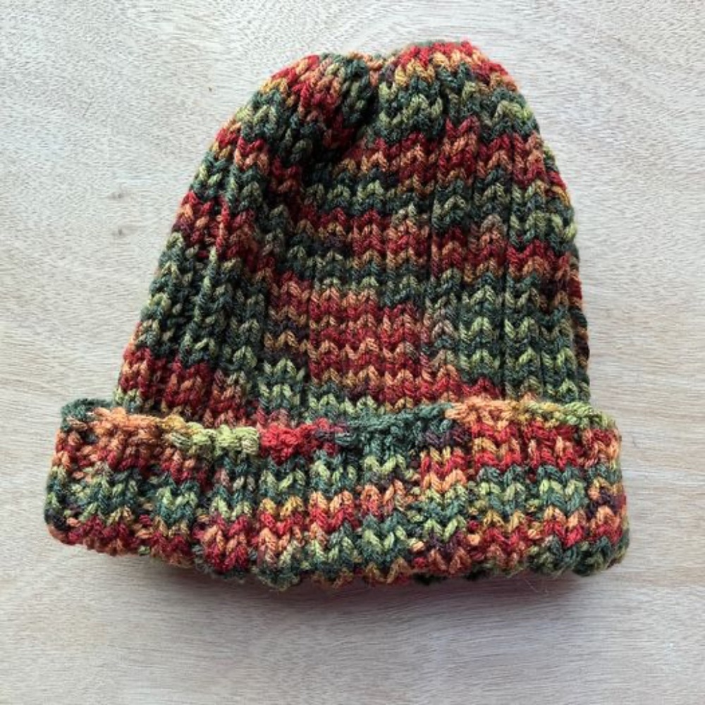 Green, Orange, and Brown Handmade Beanie Knitted Hat Cap
